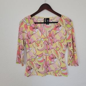 Mixit | Y2k Petite Floral V-neck Stretch Blouse Yellow Pink 3/4 Sleeve Top 00s
